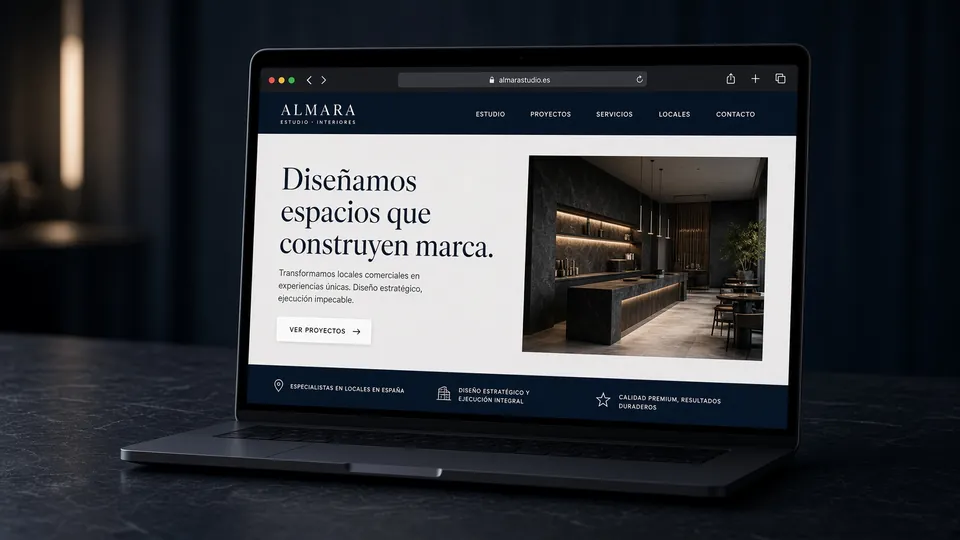 Portátil sobre un escritorio azul noche mostrando una página web profesional en el navegador.