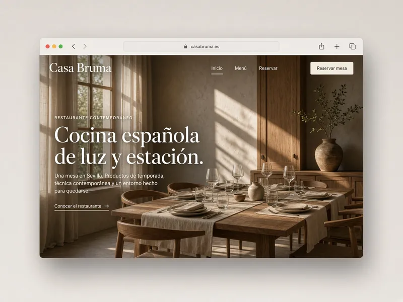 Vista previa de la web Casa Bruma: página de restaurante con reserva visible y fotografía del comedor.