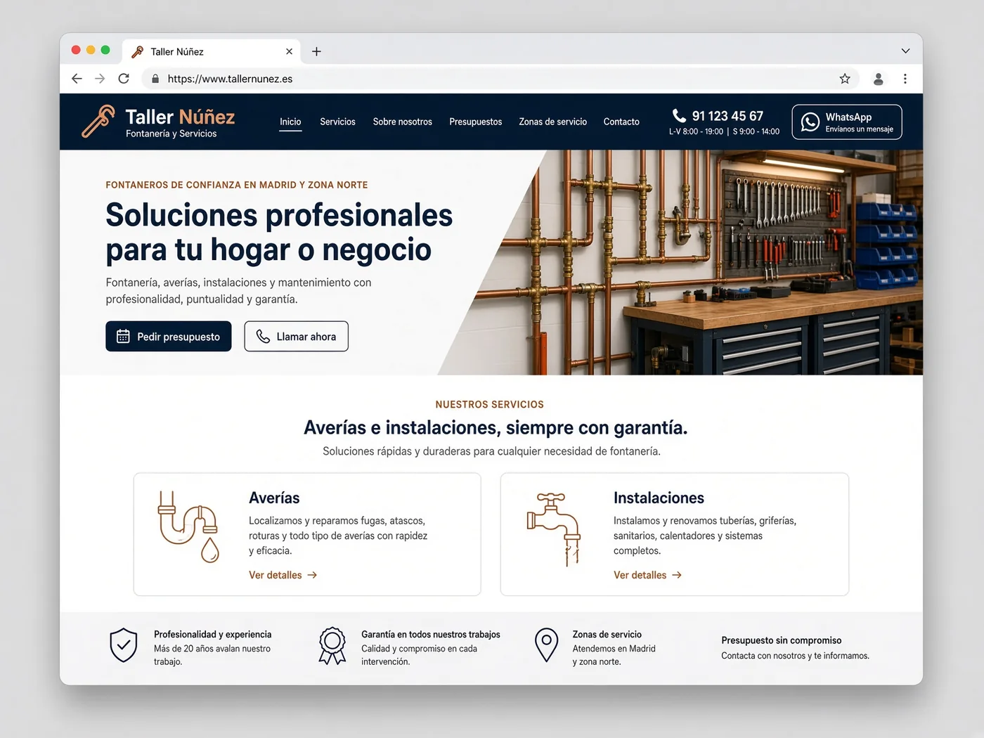 Vista previa de la web Taller Núñez: oficio de fontanería con contacto y servicios a la vista.
