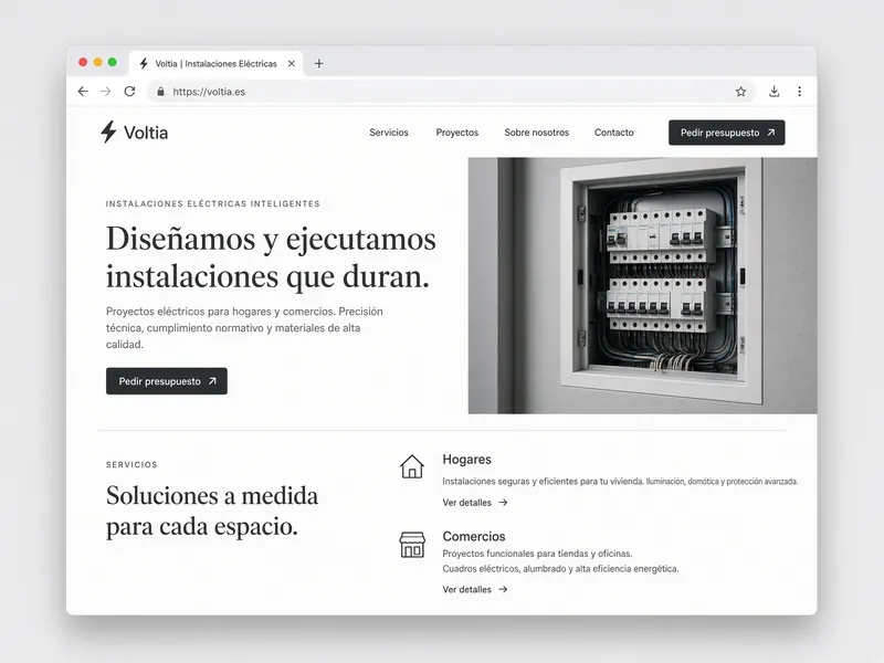 Vista previa de la web Voltia: página de electricidad con solicitud de presupuesto y lectura clara.
